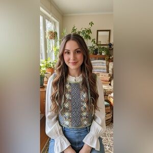 Hand Crochet Hippie Granny Square Earth Tones Sweater Top Vest Patchwork